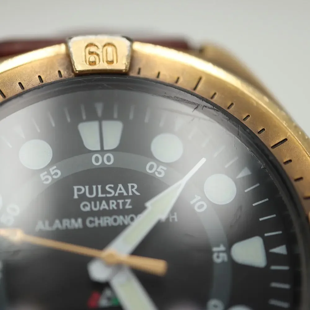 Pulsar Alarm Chrono Ana Digi 41mm Watch Brown Leather V014-9020 w New Battery